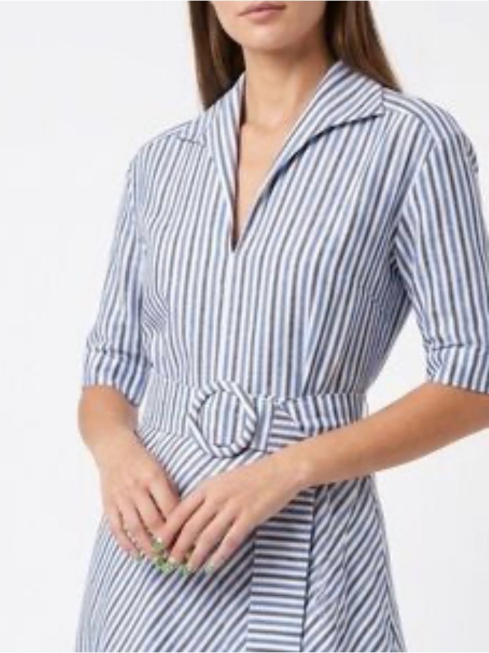 GÜL HÜRGEL Blue White Striped Belted Midi Shirt Dress 3/4 Sleeve M